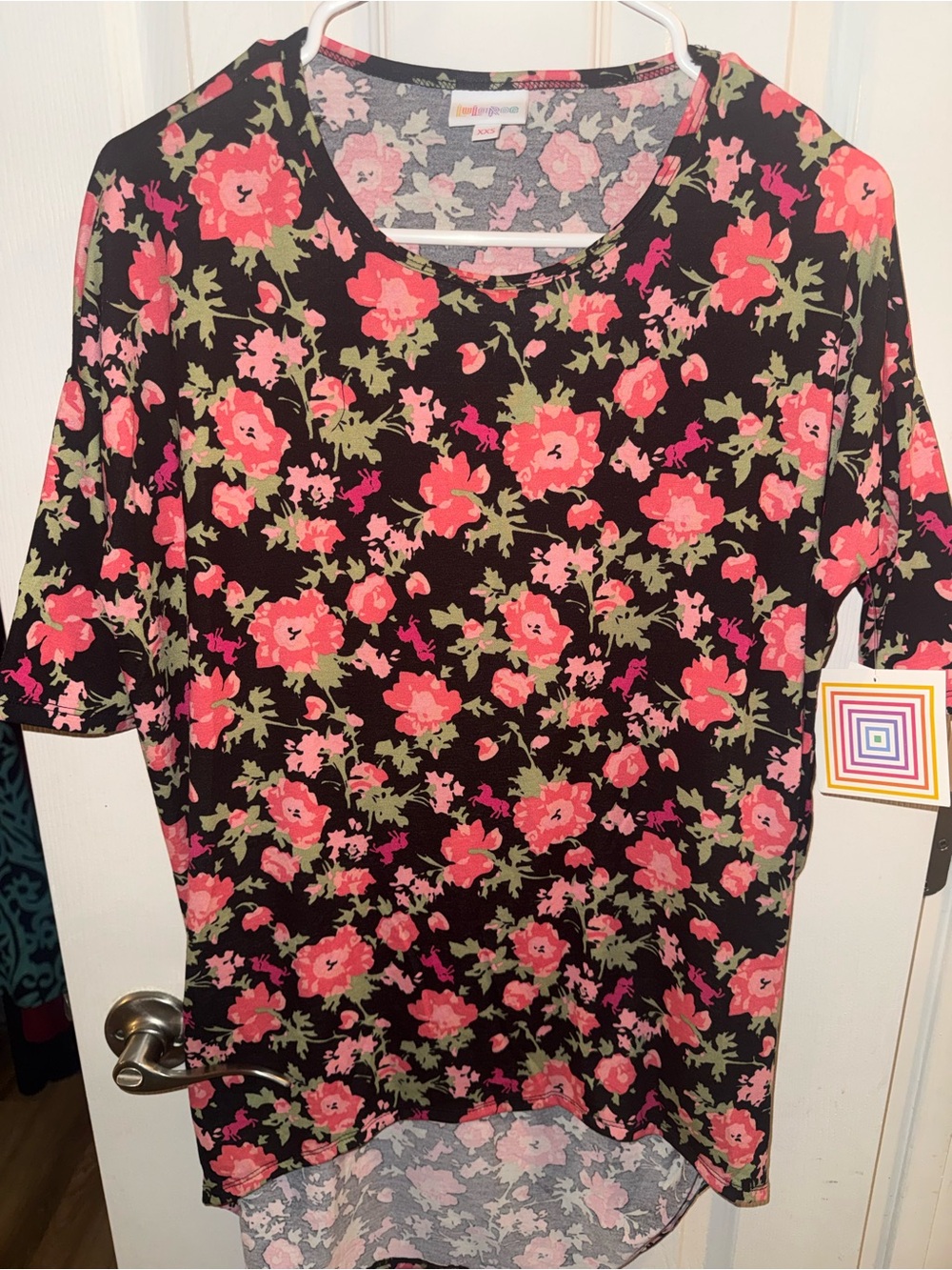 LuLaRoe Irma Black Top with Coral Pink Floral Print
